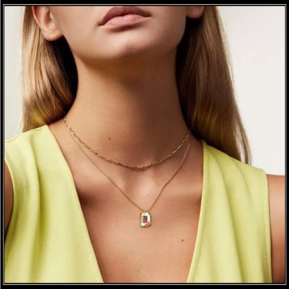 14k Gold Aurora Borealis Prism Emerald Cut Crystal Minimalist Paperclip Necklace - Picture 6 of 9